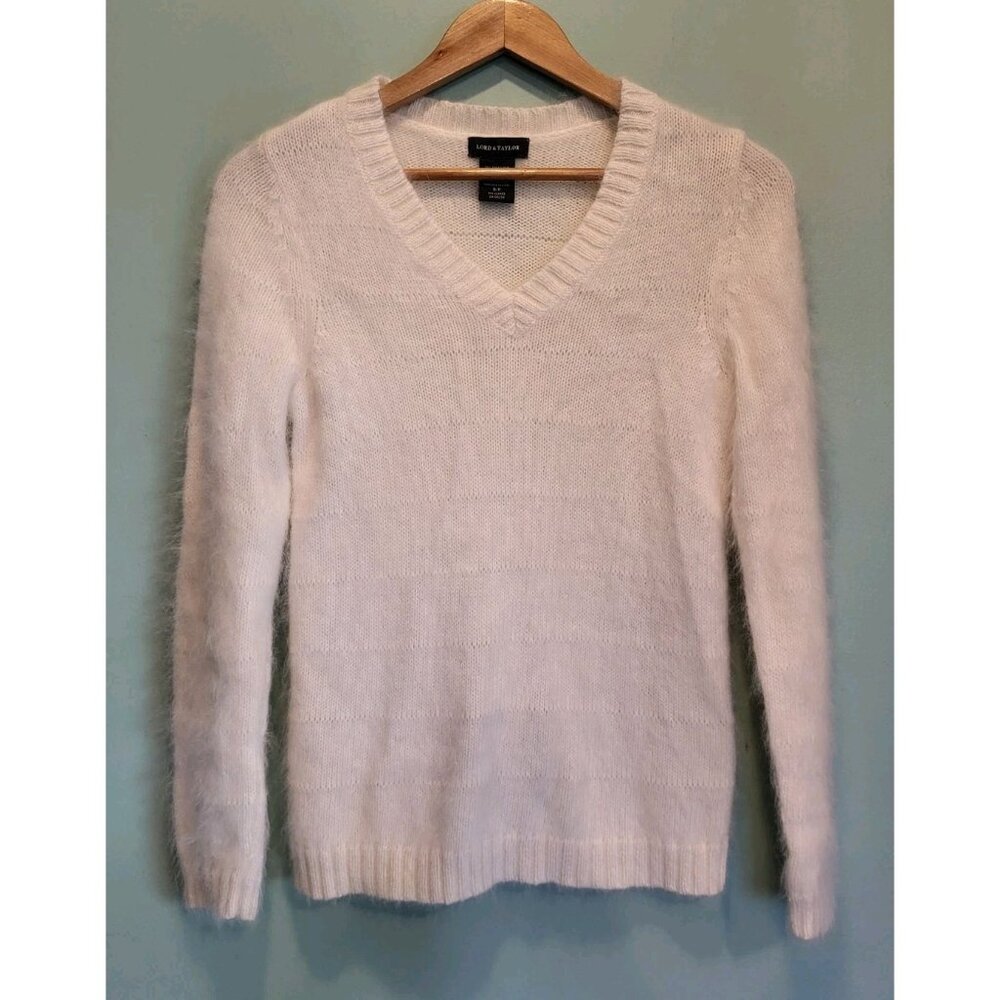 Lord & Taylor Ivory Angora Blend Fluffy Soft V Neck Sweater Sz S